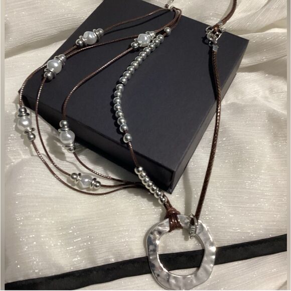 Boho Style Pearl Bead Brown Cord Layered Necklace with Statement Ring Accent - Picture 9 of 16